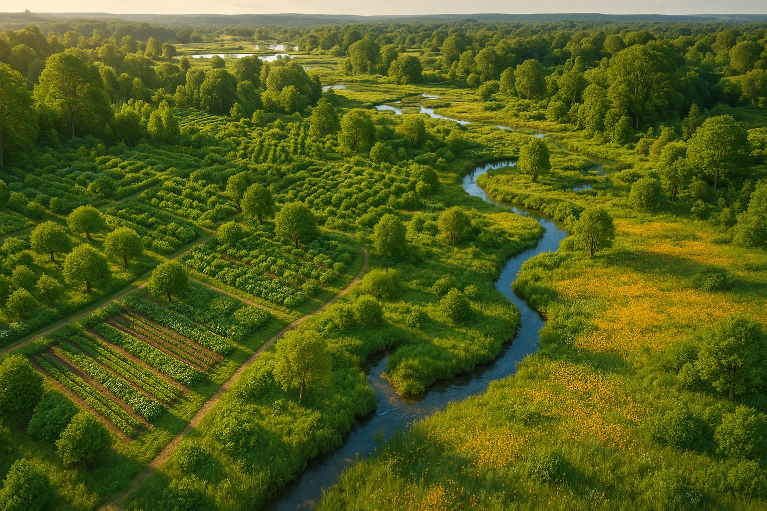 Aerial view of thriving bioregional landscape with diverse permaculture ecosystems