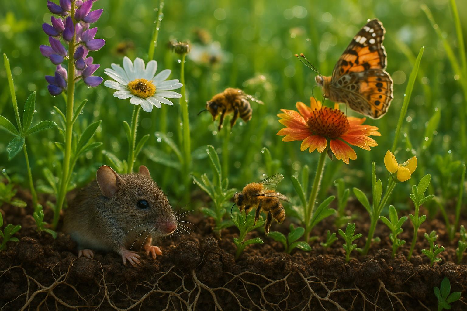 Thriving native ecosystem showing biodiversity with wildflowers and pollinators