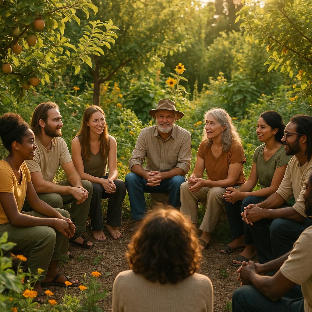 Diverse community gathering in permaculture food forest setting