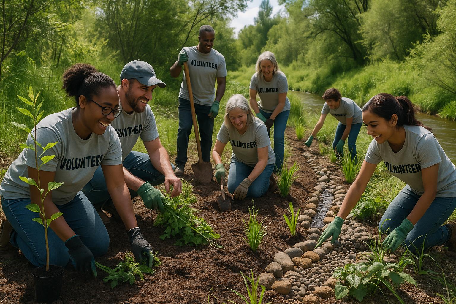 Community volunteers working together on watershed restoration